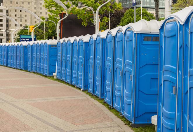 a row of sleek and modern portable restrooms at a special outdoor event in Anaheim CA